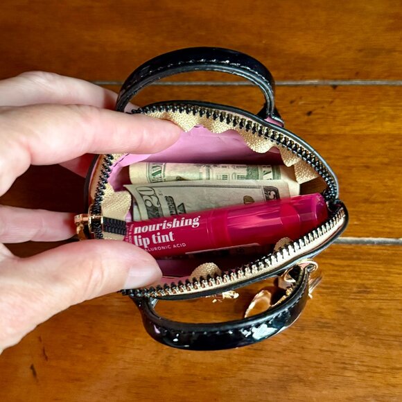 NEW Mini Keychain Handbag Keychain Coin Purse Glossy Black Golden Hardware - Picture 3 of 4